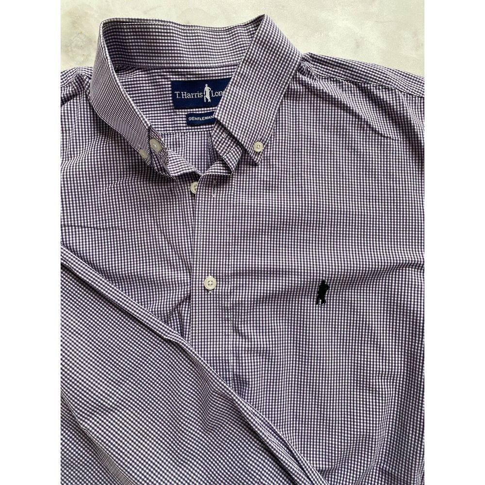 T. Harris London Men's Large Long Sleeve purple check Button Up Dress LOGO Shirt